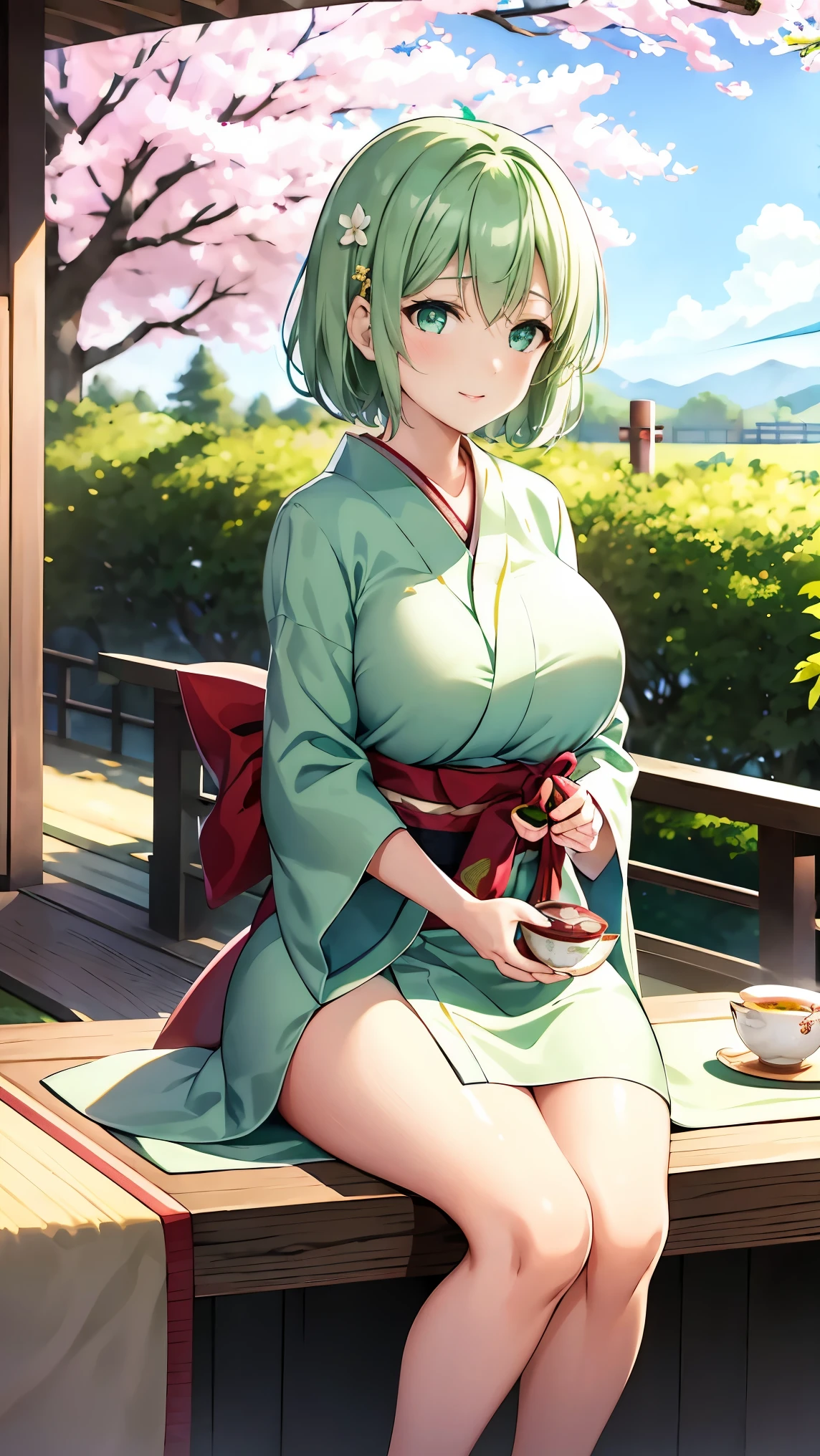 Girl with short green hair, Small breasts, Green Eyes, White Casual Wear Beauty Special、(((tits))),Full body photo from head to toe、Kimono、Patterned Japanese clothing、Cherry tree in full bloom、Fluttering petals、Tea Ceremony、Graceful Manners、Tea party、Chatting in a Japanese-style room