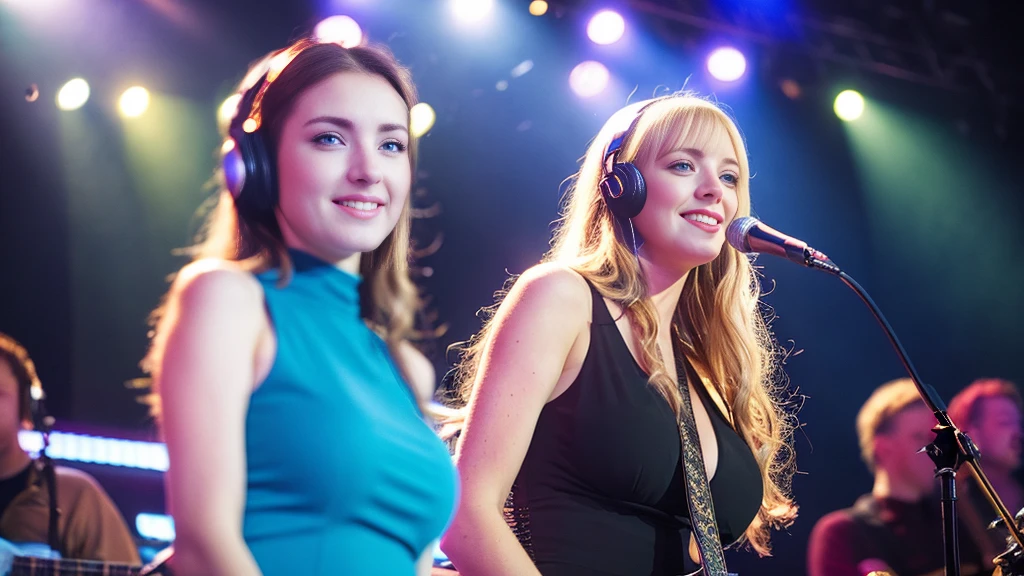 Beautiful blonde with big breasts in a dress (１Singing under the spotlight on stage at a live venue with tens of thousands of people watching),Wearing headphones,Very detailed, 21 years old, Innocent face, Naturally Wavy Hair, blue eyes, High resolution, masterpiece, Highest quality, Intricate details, Very detailed, Clear focus, Delicate skin, practical skin texture, texture, Delicate eyes, Professional, 4K, Cute Smile, Shot with Canon, 85mm, Shallow and deep,  Kodak Vision Color, Exactly, Very detailed, photograph_\(Extremist\), photographpractical, practical, Post-processing, Maximum details, Roughness, Real Life, Extremist practical, Photorealism, photographgraphy, 8K Ultra HD, photographgraphy