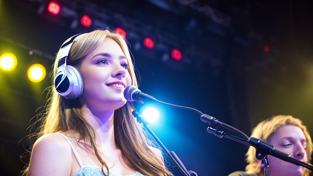 Beautiful blonde with big breasts in a dress (１Singing under the spotlight on stage at a live venue with tens of thousands of people watching),Wearing headphones,Very detailed, 21 years old, Innocent face, Naturally Wavy Hair, blue eyes, High resolution, masterpiece, Highest quality, Intricate details, Very detailed, Clear focus, Delicate skin, practical skin texture, texture, Delicate eyes, Professional, 4K, Cute Smile, Shot with Canon, 85mm, Shallow and deep,  Kodak Vision Color, Exactly, Very detailed, photograph_\(Extremist\), photographpractical, practical, Post-processing, Maximum details, Roughness, Real Life, Extremist practical, Photorealism, photographgraphy, 8K Ultra HD, photographgraphy