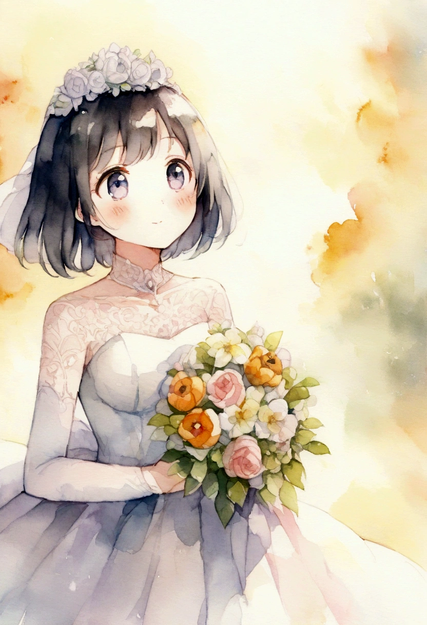 Halloween、girl、Black Hair、short hair、Wedding dress、Holding a bouquet、Look up diagonally to the left、Pale Light、anime、Watercolor