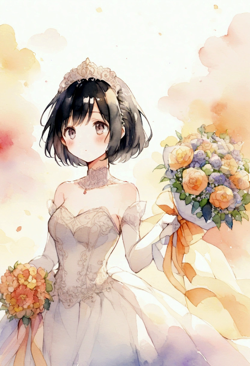 Halloween、girl、Black Hair、short hair、Wedding dress、Holding a bouquet、Look up diagonally to the left、Pale Light、anime、Watercolor