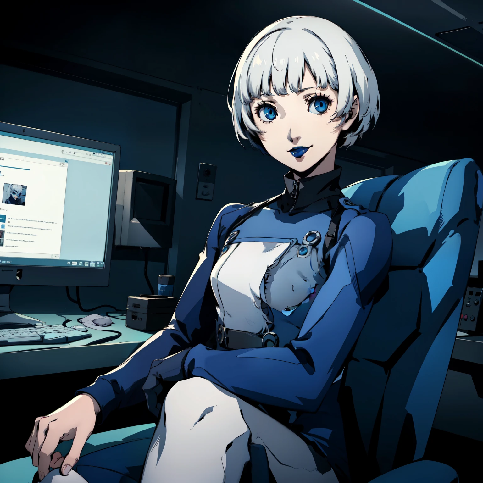 masterpiece, ((best quality)),((1 girl)), blue eyes, black lipstick, white hair, female , tomboy Pixie haircut, deep blue suit, white hair, white hair,smiling,hacker,in the,dark room,sitting,looking monitor,cute
