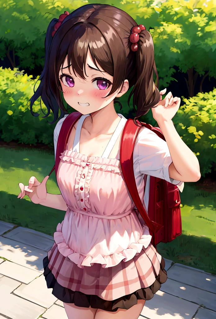 masterpiece, Highest quality, Nico_Yazawa,High resolution, 1 Girl, alone, Brown Hair, short hair, Twin tails、Purple eyes, Cowboy Shot, Frill dress, , Pink Dress, (Cleavage)、(Beautiful thighs)、city, Outdoor, garden, Carrying a red backpack, (randoseru backpack:1.2) Sweaty、Thick thighs、Highest quality、4K、1girl, 8years old, loli, cute, grin, 、Skirt lift striped underwear、In the city、Many passersby are surrounding the girl.、、Thick thighs、Mesgaquismiles、Men holding their penises and surrounding girls、Semen from the penis、Bukkake、Bukkake、(Bukkake)