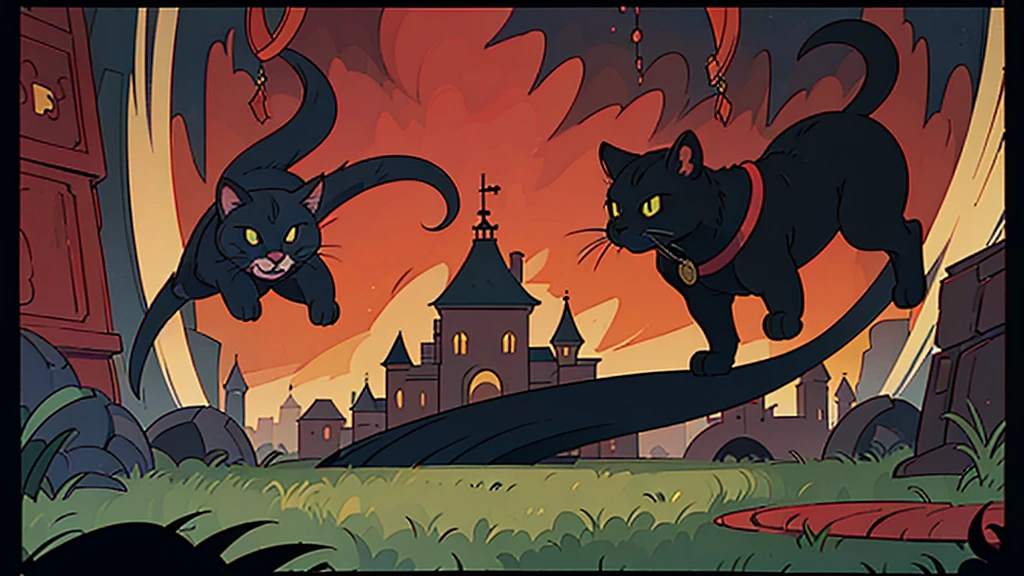a magic domesticated black cat, red cape, amulet collar, chases after rat in a gothic mansion, high detail, atmospheric, 1980s anime screen caps 