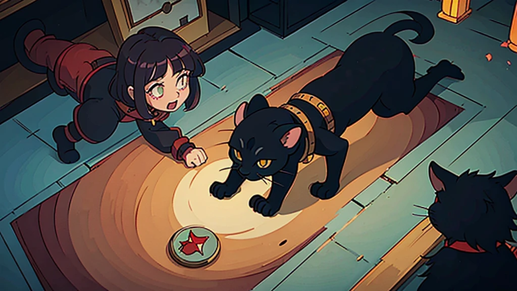 a magic domesticated black cat, red cape, amulet collar, chases after rat in a gothic mansion, high detail, atmospheric, 1980s anime screen caps 