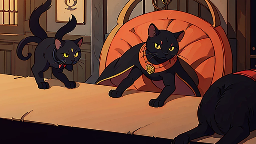 a magic domesticated black cat, red cape, amulet collar, chases after rat in a gothic mansion, high detail, atmospheric, 1980s anime screen caps 