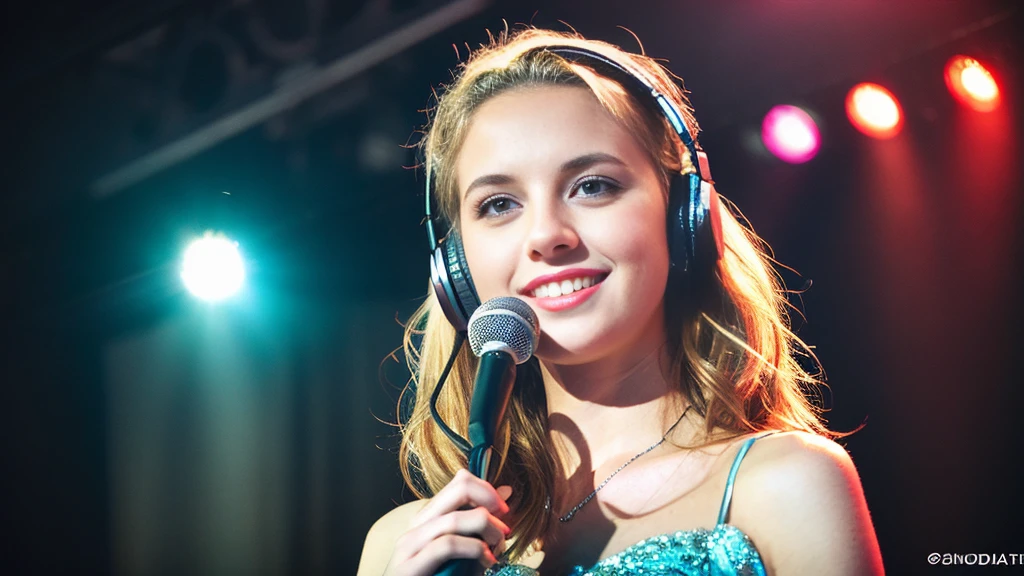 Beautiful blonde with big breasts in a dress (Singing under the spotlight on stage at a live venue),Wearing headphones,Very detailed, 21 years old, Innocent face, Naturally Wavy Hair, blue eyes, High resolution, masterpiece, Highest quality, Intricate details, Very detailed, Clear focus, Delicate skin, practical skin texture, texture, Delicate eyes, Professional, 4K, Cute Smile, Shot with Canon, 85mm, Shallow and deep,  Kodak Vision Color, Exactly, Very detailed, photograph_\(Extremist\), photographpractical, practical, Post-processing, Maximum details, Roughness, Real Life, Extremist practical, Photorealism, photographgraphy, 8K Ultra HD, photographgraphy