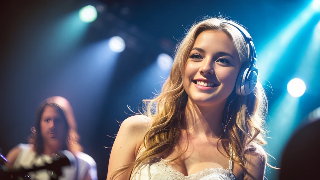 Beautiful blonde with big breasts in a dress (Singing under the spotlight on stage at a live venue),Wearing headphones,Very detailed, 21 years old, Innocent face, Naturally Wavy Hair, blue eyes, High resolution, masterpiece, Highest quality, Intricate details, Very detailed, Clear focus, Delicate skin, practical skin texture, texture, Delicate eyes, Professional, 4K, Cute Smile, Shot with Canon, 85mm, Shallow and deep,  Kodak Vision Color, Exactly, Very detailed, photograph_\(Extremist\), photographpractical, practical, Post-processing, Maximum details, Roughness, Real Life, Extremist practical, Photorealism, photographgraphy, 8K Ultra HD, photographgraphy