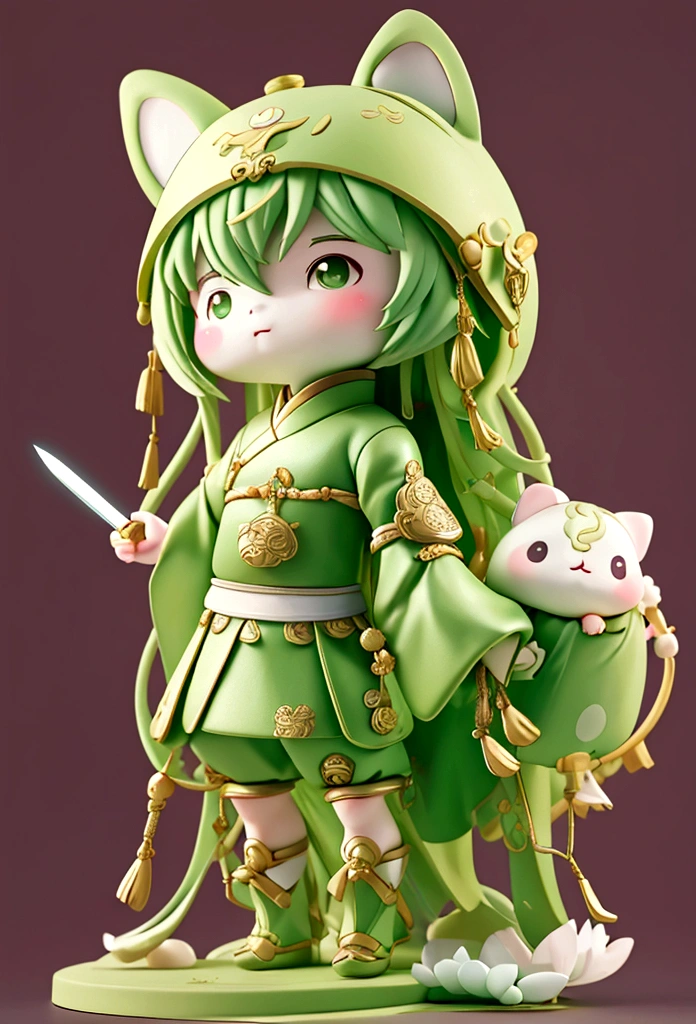 Guanyu，chibi，Green armor，long whiskers，Holding a long-handled knife，Chinese clothing，whole body