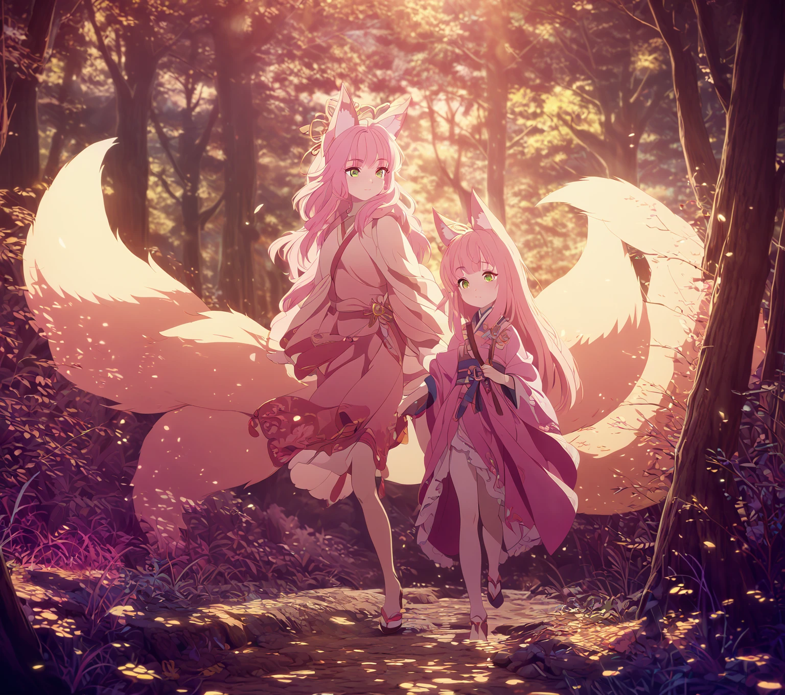 a  kitsune girl, long pink hair, green eyes, long kitsune ears, multiple pink tails, wearing , small fox walking alongside her, 1girl, highly detailed, extremely detailed, digital art, fantasy, anime style, vibrant colors, soft lighting, photorealistic, cinematic, award winning, 8k, masterpiece