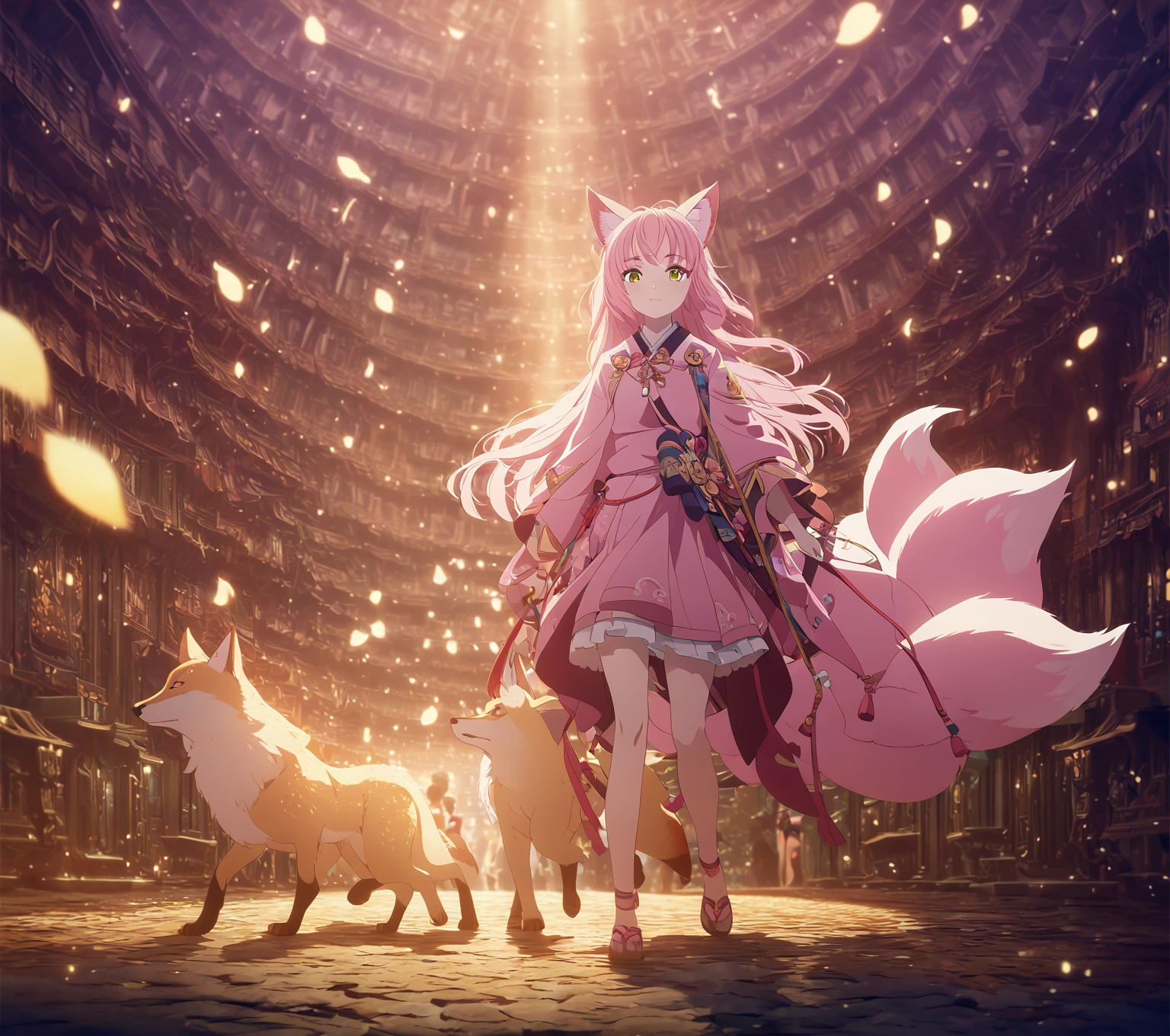 a ****** kitsune girl, long pink hair, green eyes, long kitsune ears, multiple pink tails, wearing , small fox walking alongside her, 1girl, highly detailed, extremely detailed, digital art, fantasy, anime style, vibrant colors, soft lighting, photorealistic, cinematic, award winning, 8k, masterpiece