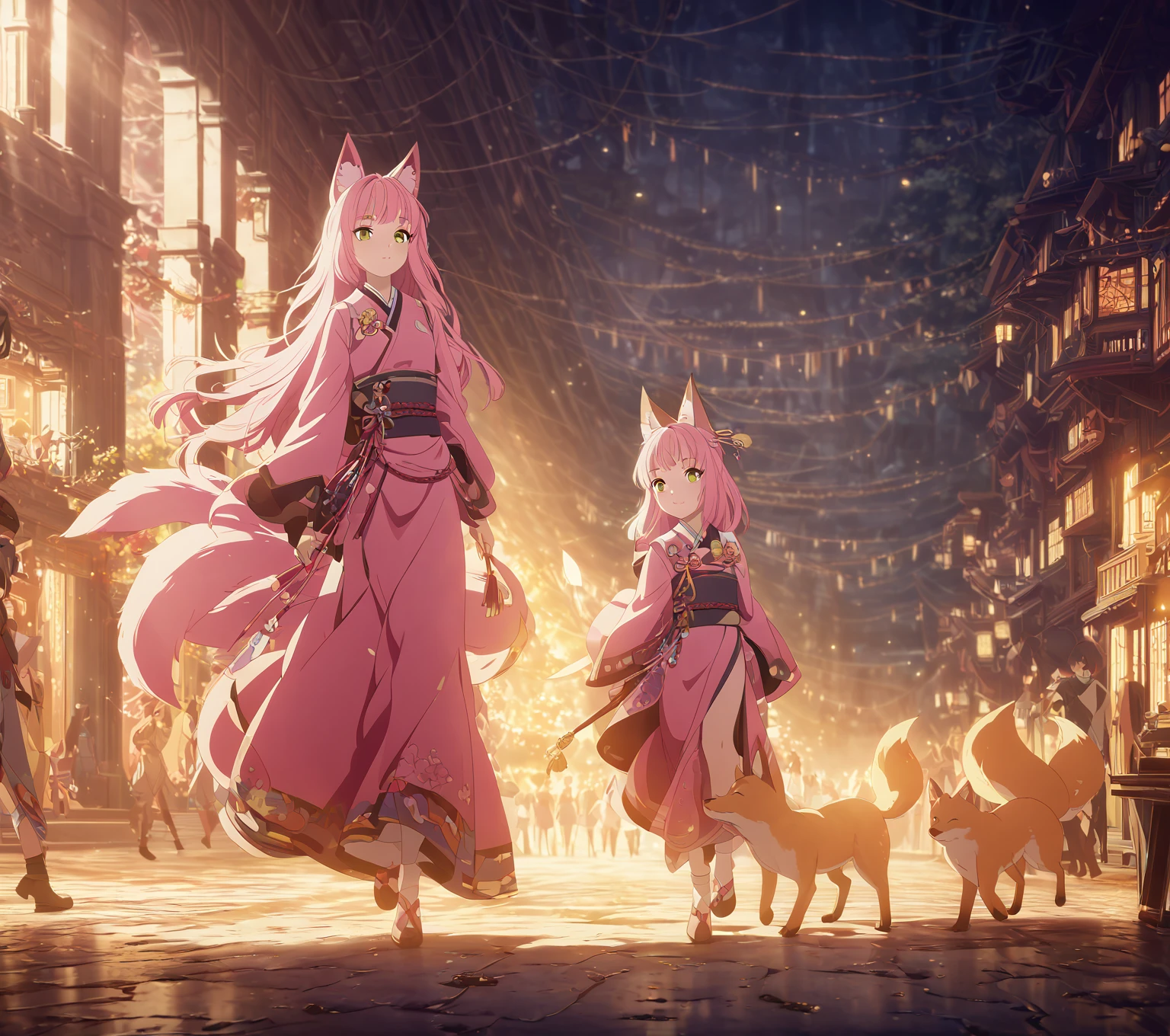 a  kitsune girl, long pink hair, green eyes, long kitsune ears, multiple pink tails, wearing , small fox walking alongside her, 1girl, highly detailed, extremely detailed, digital art, fantasy, anime style, vibrant colors, soft lighting, photorealistic, cinematic, award winning, 8k, masterpiece