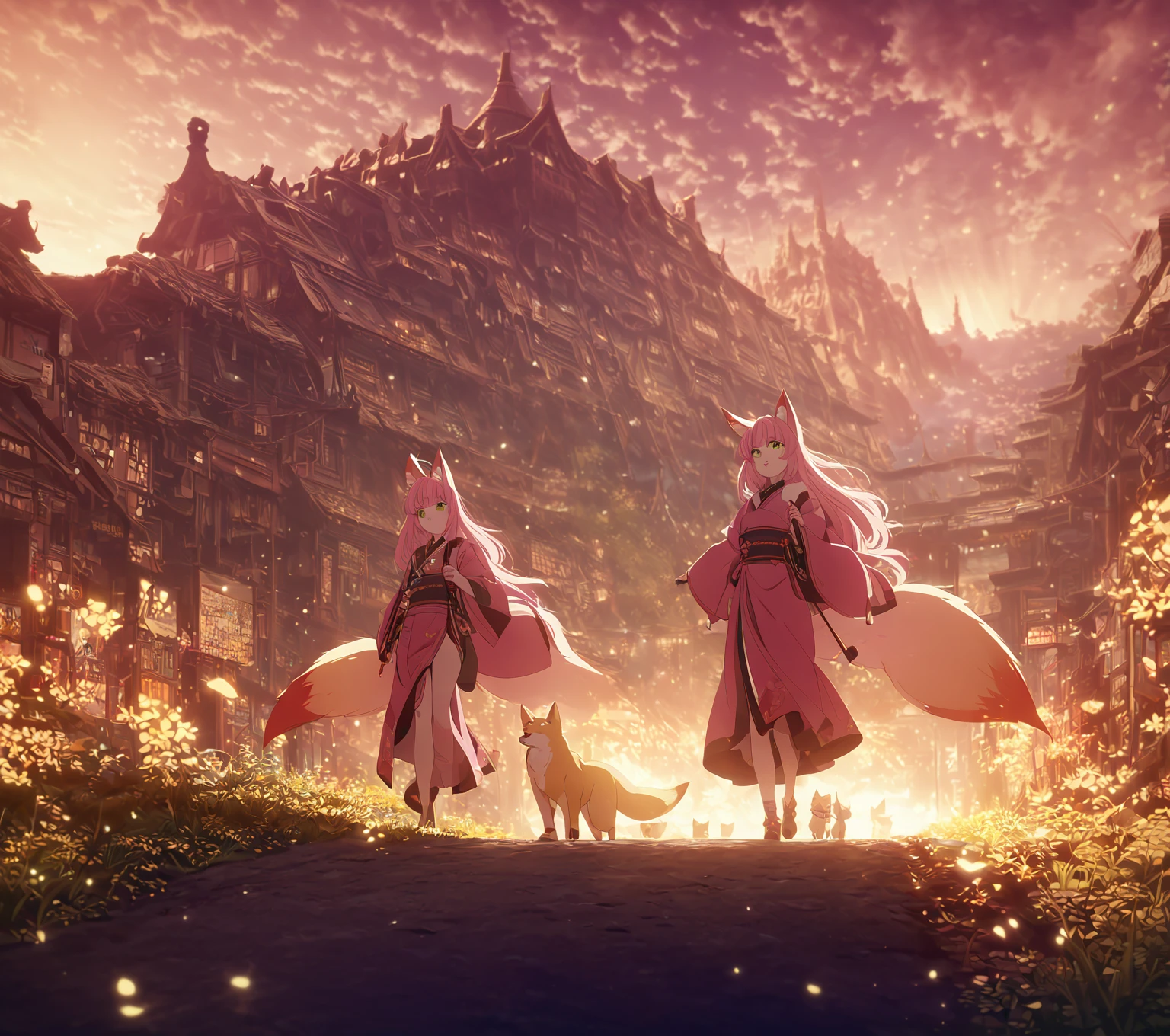 a  kitsune girl, long pink hair, green eyes, long kitsune ears, multiple pink tails, wearing , small fox walking alongside her, 1girl, highly detailed, extremely detailed, digital art, fantasy, anime style, vibrant colors, soft lighting, photorealistic, cinematic, award winning, 8k, masterpiece