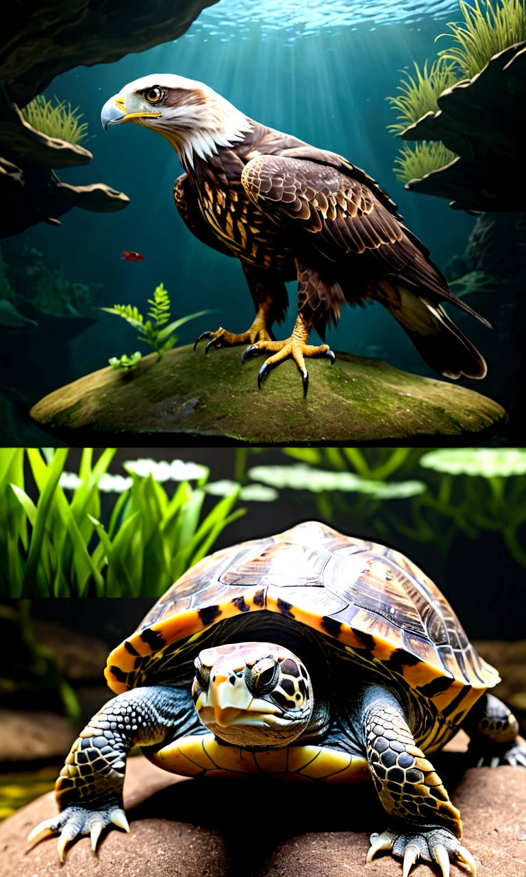 There is a creature at the bottom of the river，The head of the eagle，The body of a turtle and the tail of a snake，Full body view from the side，Mysterious Creatures, shrike, (best quality，4K，8K，High level，masterpiece：1.2），Ultra Detailed，（lifelike，Photo real，Photo real：1.37），Highly detailed animals，Complex patterns，Realistic lighting，Fantasy Creatures