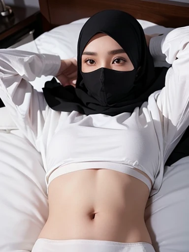 a girl wearing black hijab at home.. wearing white long sleeves oversize crop top.. wearing white face mask... wearing g string underwear.. no pants.. she lie on a bed.. her hands above her head.. soft stomach.. less lighting