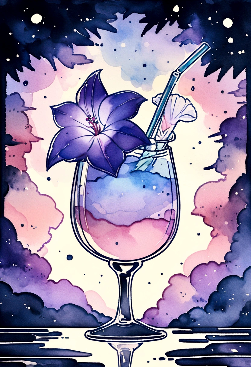 Purple flowers in a glass with a straw and a straw in it, 🌺 society, by Oze Kanaoka, Highly detailed watercolor 8k, Highly detailed watercolor 8k, relaxed and calm atmosphere, Watercolor illustration style, Artgasm, Highly detailed background, Lo-fi art style, Chill Hop, Shiny digital painting, Lofi Color, Official artwork, 16:9