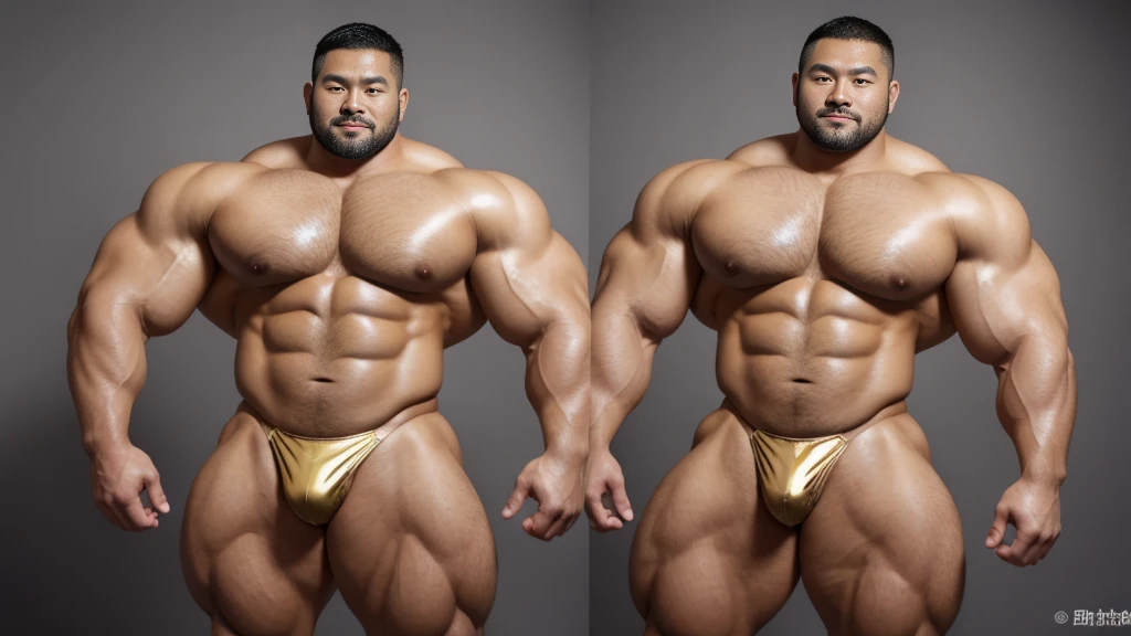 A Chinese bodybuilder，35 years old，Tall and handsome, Toned body，short hair, O-Shaped Beard，Perfect body, Dark and shiny skin，Smooth skin，The body is hairless，Muscle bulge, Muscular, Very large pectoral muscles，Very sexy abdominal muscles，Very well-developed leg muscles，Huge concave and convex area，Brightens oily skin，Wearing a gold leather shiny thong，Handsome face， Correct and accurate male body proportions，Muscular，Standing in front of gray background，Ultra-high-definition 4K picture quality。
