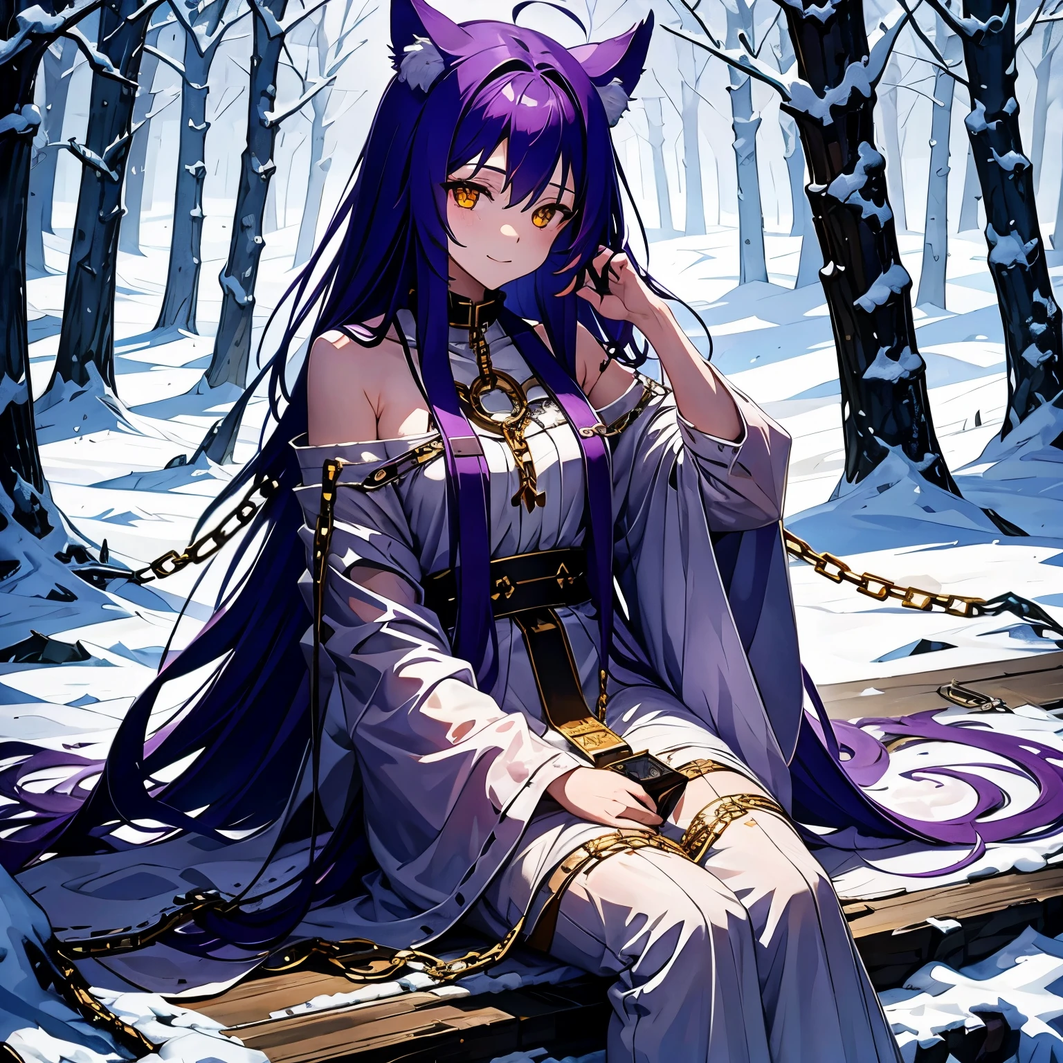 fenrir, long hair, purple hair, outdoor, winter, forest, snow, ((Chainned by golden chain)), tattered clothes, white dress, upper body, smile, masterpiece,