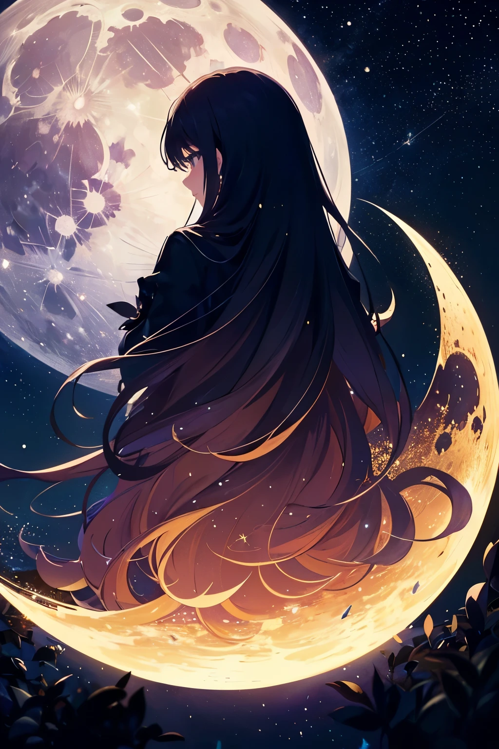 ((best quality)), ((masterpiece)), (detailed), HDR, 8K resolution, (illustration), (starry night), (1 woman),(long hair), (moon), (twinkling star), (night sky), (romantic), , (mysterious figure), (silhouette), (dreamy atmosphere),(turning around),(((I can't see my hands))), (from the back)