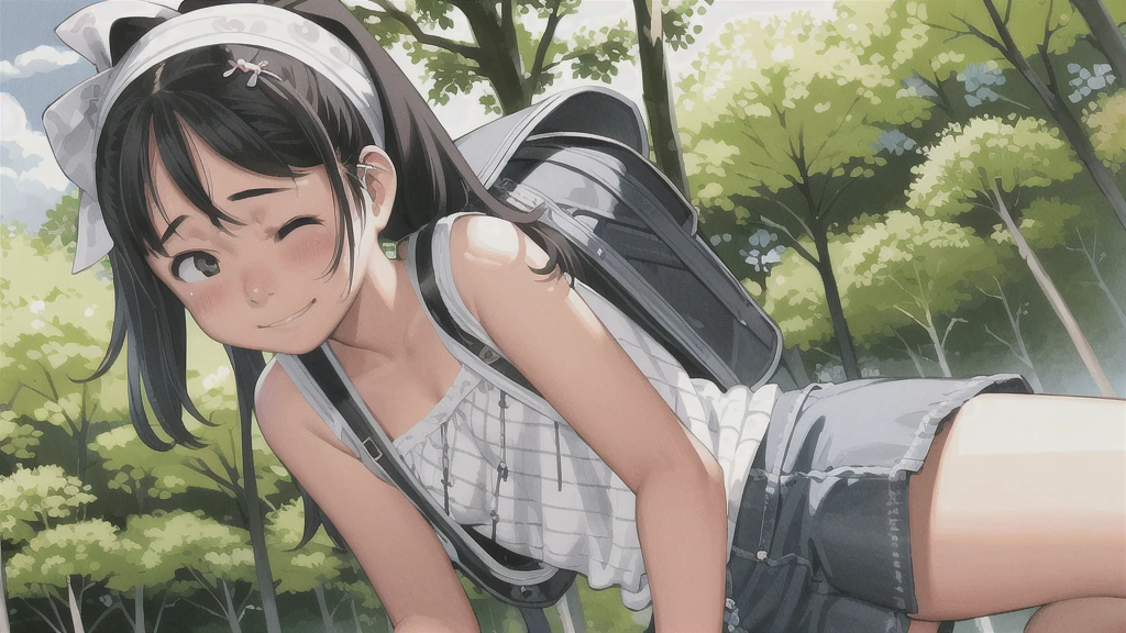 masterpiece, Highest quality,Multiple Girls, Three Girls, Backpack, bag, Black Hair, Have, hair ornaments, ponytail, Hair Clip, Iris, bandana, Striped, smile, short hair, Shorts, Long Hair, skirt, denim, View your viewers, hug, shirt、,Spread your legs,orgasm,blush, Sweat,White panties、Squat、Look at this、skirt、、Attacked by tentacles、Tentacles wrap around my legs、Tentacles in the crotch、Captured by tentacles、cry、shout、Ecstasy face、skirtの中の触手、Do not run away、Lying down、Torn clothes、skirtの下からスパッツが見えます、Spread your legs、Disheveled clothing、skirtをめくっる