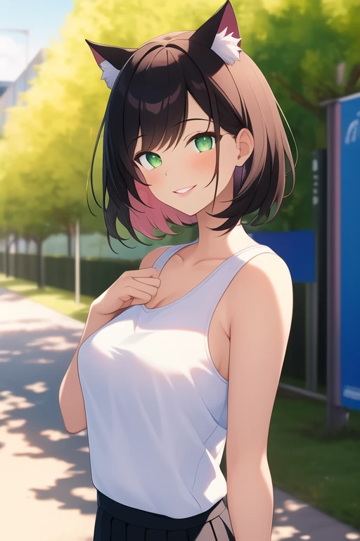 ((best quality)), ((masterpiece)), (detailed), 1girl, medium sized breasts, feminine short hair, black hair, gorgeous women, cat ears, green eyes, vertical slit pupils, medium sized skirt, black skirt, sport bra, female t-shirt, white shirt, short shirt, sleeveless shirt, university campus background, smiling expression, wide shot, full body, standing, front shot, blue sky, pink lips