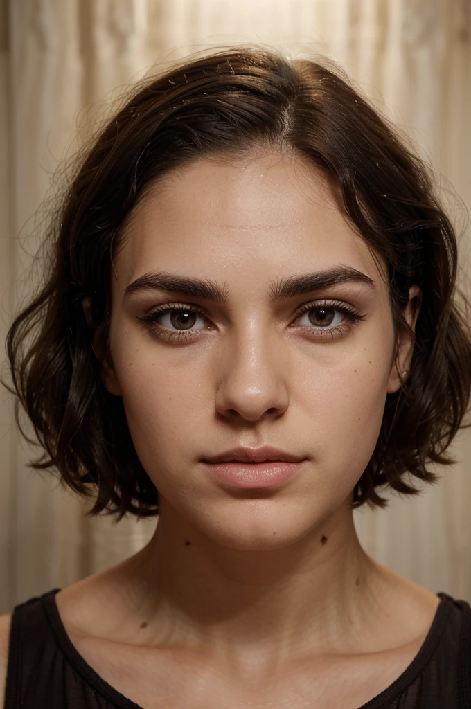 dark brown hair, extremely short on the side, curly and coarse on top, high forehead, angular face, pale skin, straight bushy eyebrows, brown downset sad eyes , long eyelashes, straight big nose, tiny stubble,