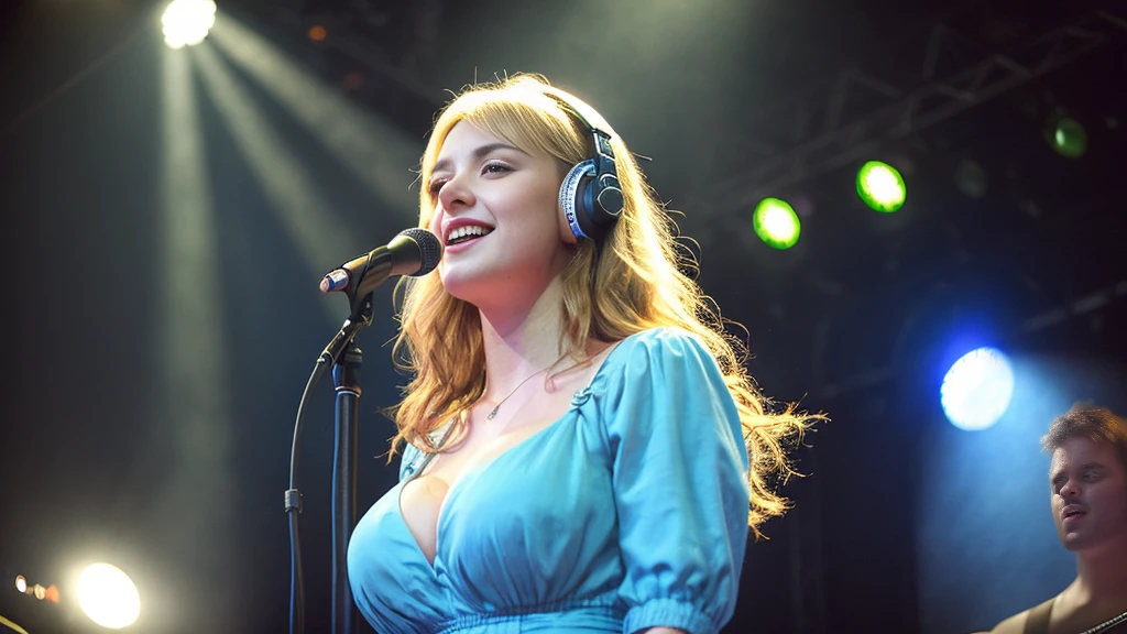 Beautiful blonde with big breasts in a dress (1Singing under the spotlight on stage at a live venue with tens of thousands of people watching),Wearing headphones,Very detailed, 21 years old, Innocent face, Naturally Wavy Hair, blue eyes, High resolution, masterpiece, Highest quality, Intricate details, Very detailed, Clear focus, Delicate skin, practical skin texture, texture, Delicate eyes, Professional, 4K, Cute Smile, Shot with Canon, 85mm, Shallow and deep, Kodak Vision Color, Exactly, Very detailed, photograph_\(Extremist\), photographpractical, practical, Post-processing, Maximum details, Roughness, Real Life, Extremist practical, Photorealism, photographgraphy, 8K Ultra HD, photographgraphy