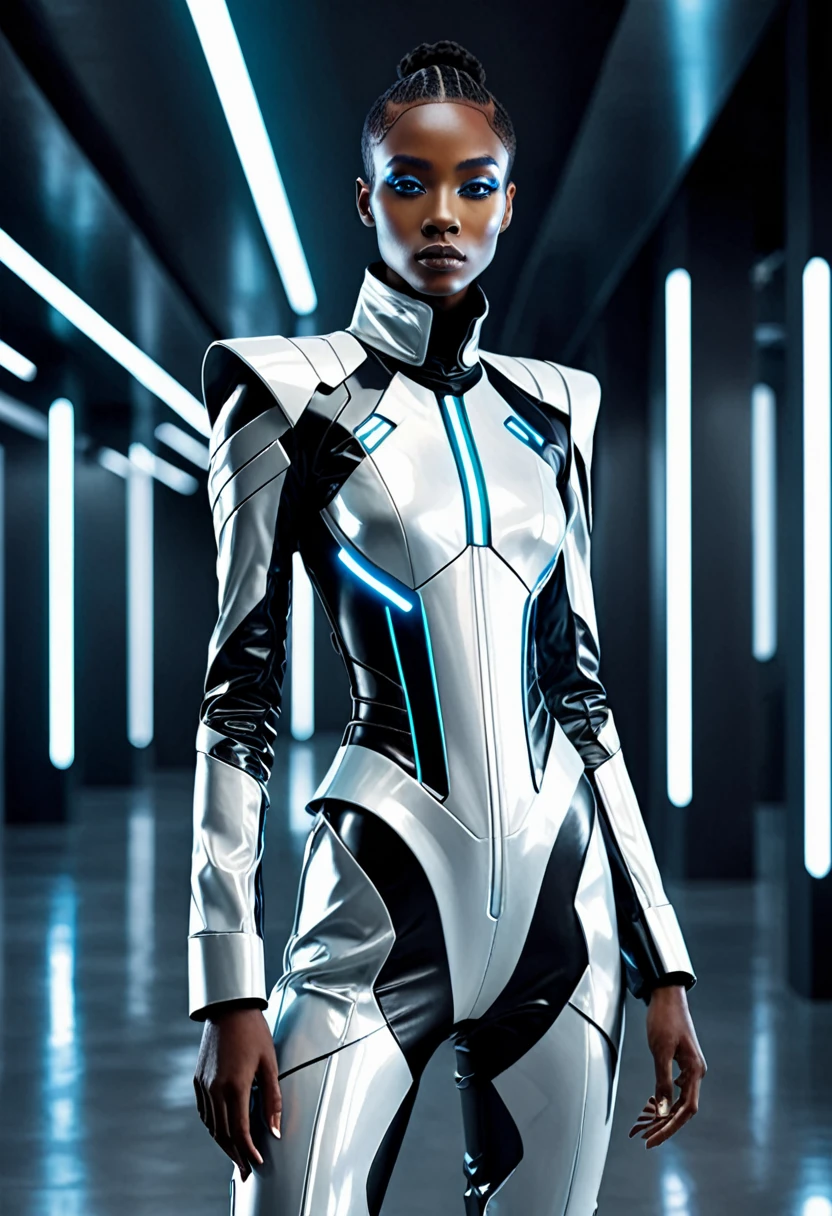 Create an image of an androgynous person wearing a futuristic suit. The suit should be made of undiscovered materials with a sleek, innovative design. It should incorporate elements of Afrofuturism, blending traditional African aesthetics with futuristic technology. The setting is the office of the future, showcasing a professional yet avant-garde environment.