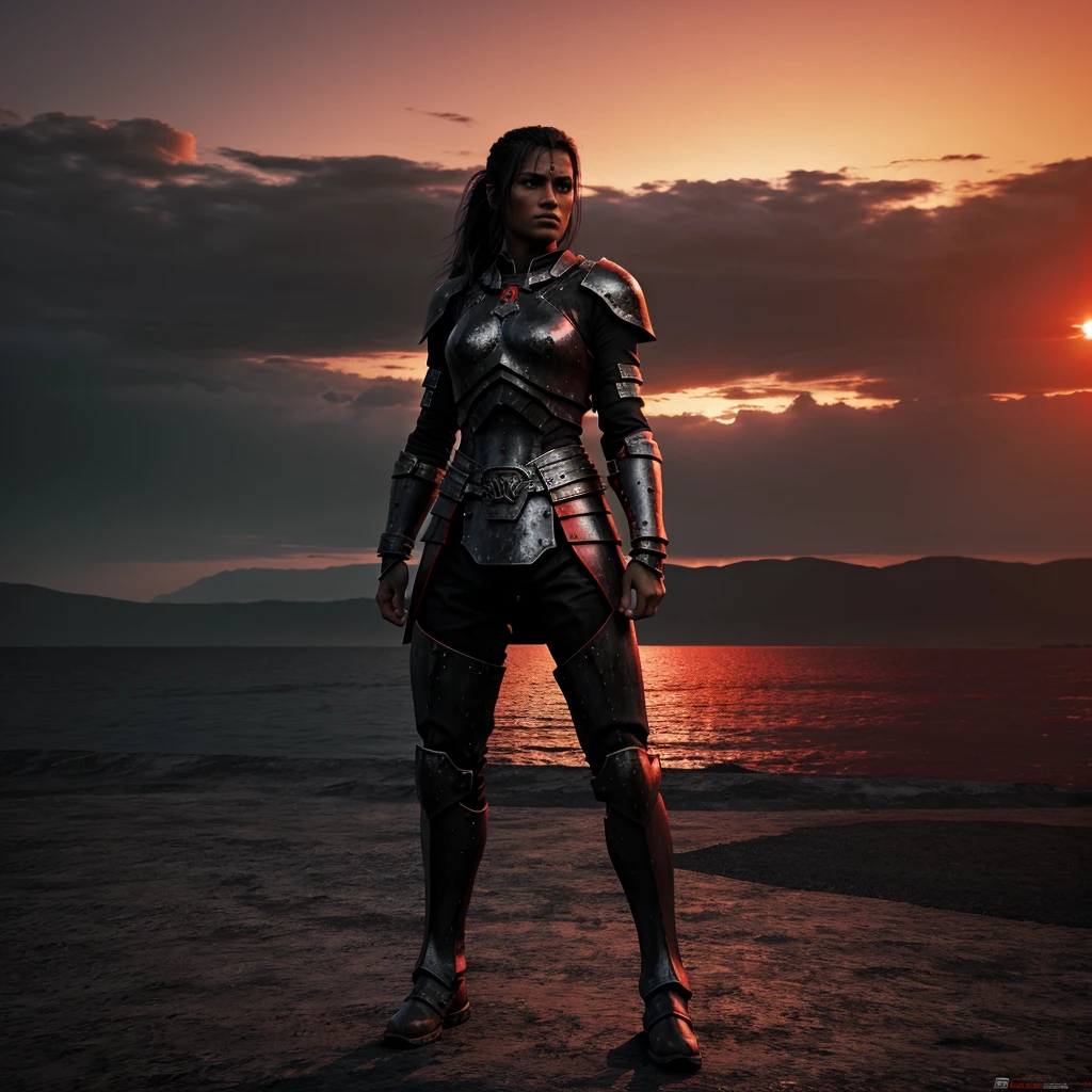 3d Lone warrior, standing after the fight, background sunset,theme colour black,red,grey