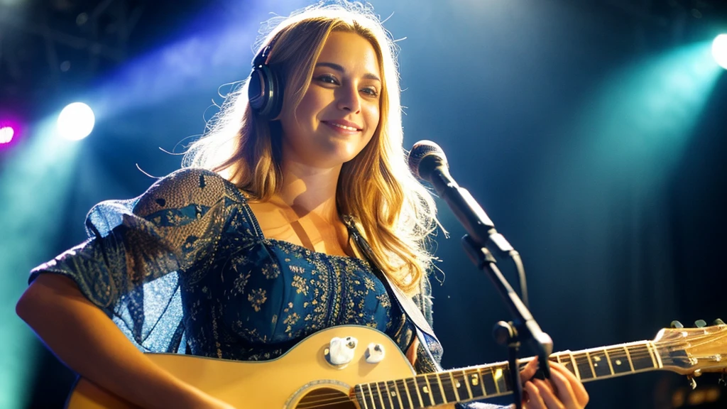 Beautiful blonde with big breasts in a dress (Playing guitar under the spotlight on stage at a live venue),Wearing headphones,Very detailed, 21 years old, Innocent face, Naturally Wavy Hair, blue eyes, High resolution, masterpiece, Highest quality, Intricate details, Very detailed, Clear focus, Delicate skin, practical skin texture, texture, Delicate eyes, Professional, 4K, Cute Smile, Shot with Canon, 85mm, Shallow and deep,  Kodak Vision Color, Exactly, Very detailed, photograph_\(Extremist\), photographpractical, practical, Post-processing, Maximum details, Roughness, Real Life, Extremist practical, Photorealism, photographgraphy, 8K Ultra HD, photographgraphy