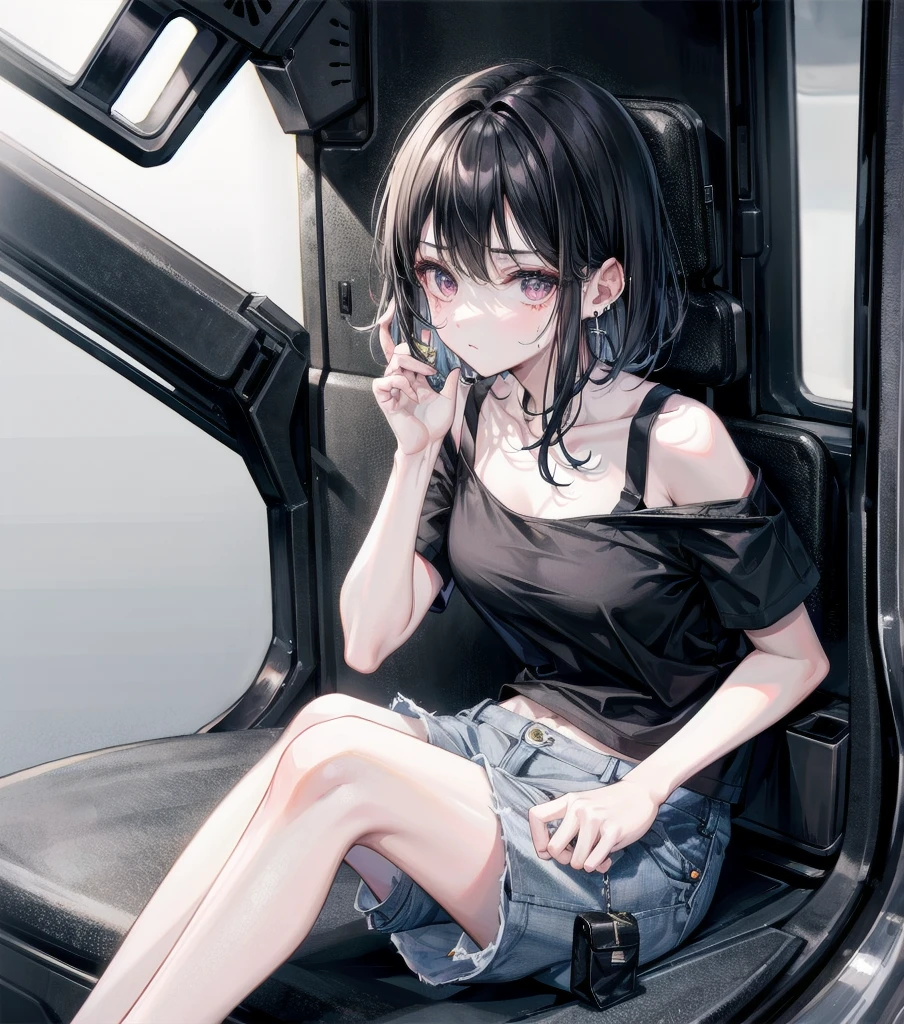 whole body, solo, alone, delicate facial features, medium tits, medium hair, black hair, tearful mole, earring, tank top shirt, cargo pants, shorts,