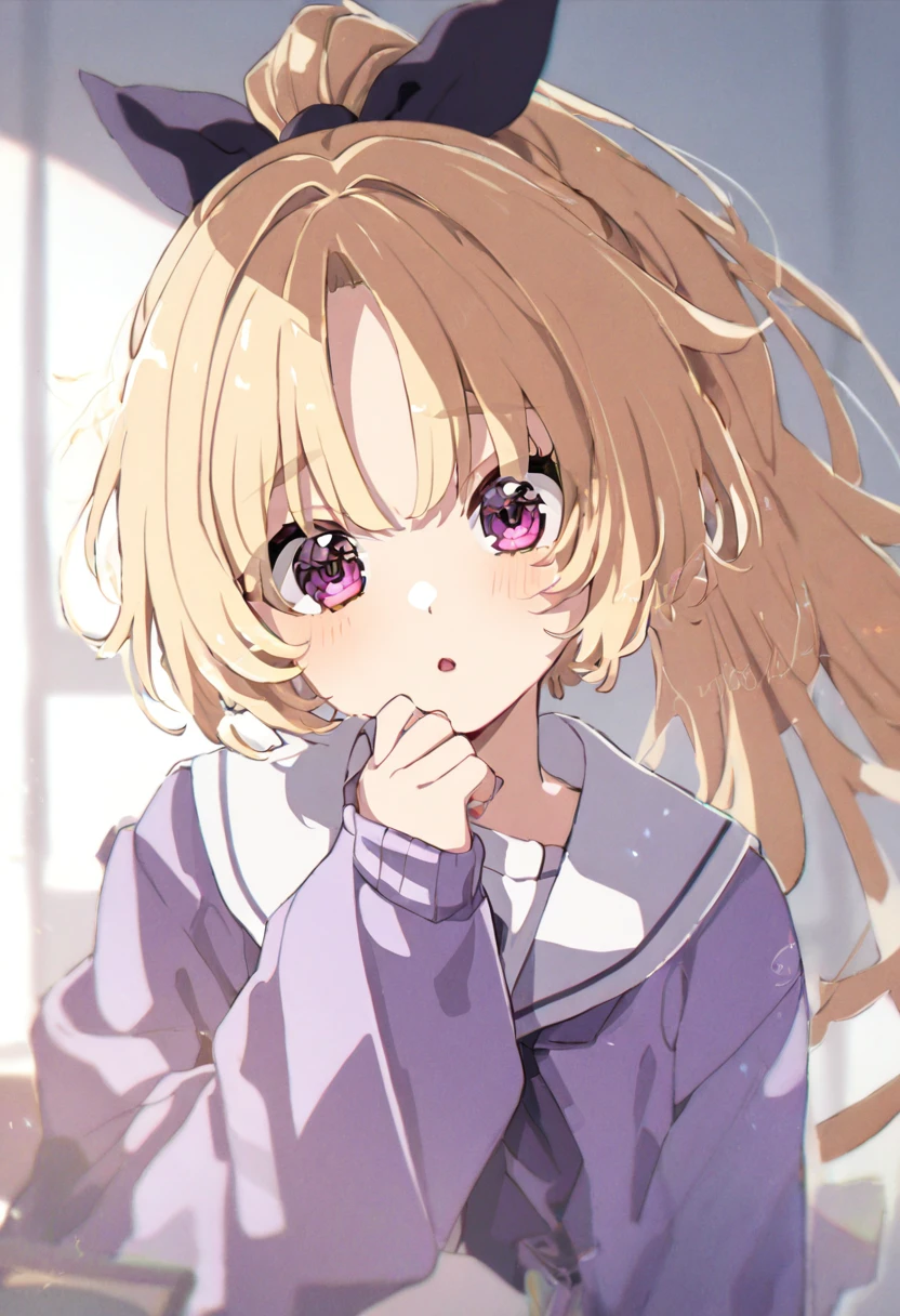 A girl student, blonde ash high ponytail, sweet expression, wearing a violet jacket, hazel eyes