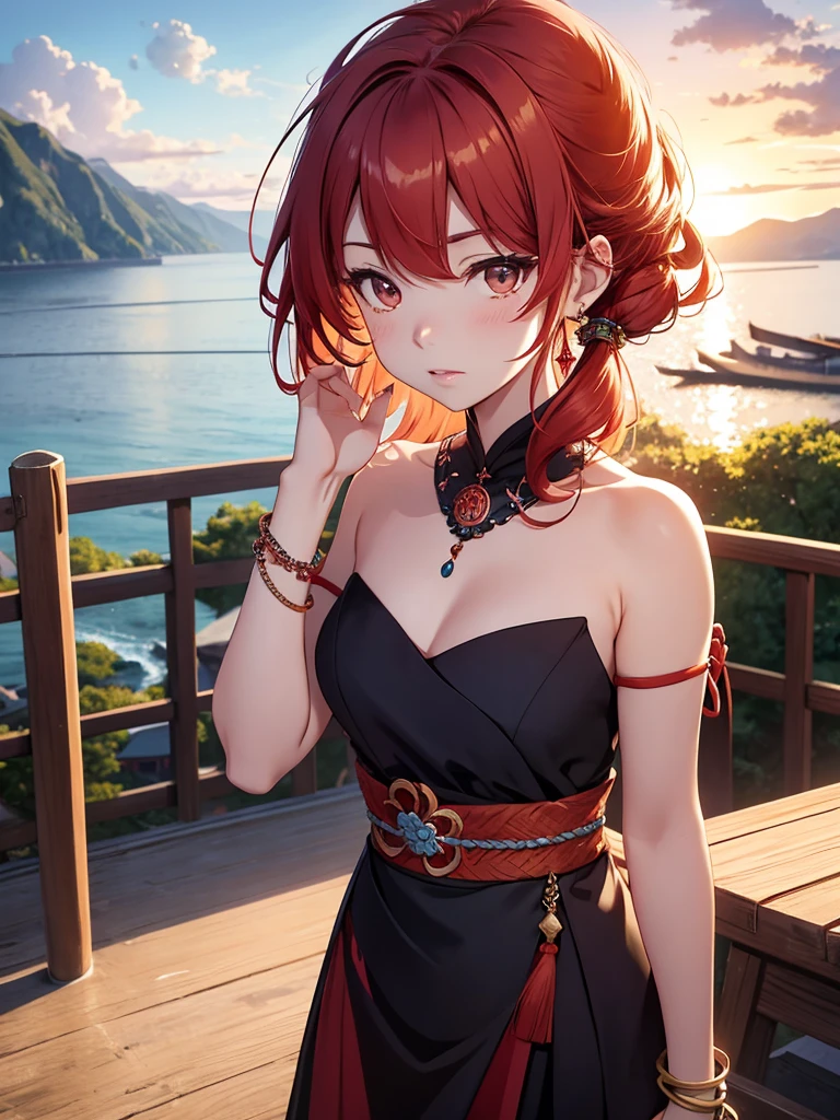 Nirou (Genshin Impact), Across the Sea, One girl, Background Blur, Mouth closed, Bare arms, accessories, Sleeveless, Bare shoulders, Redhead, bracelet, necklace, Cowboy Shot, Landscape