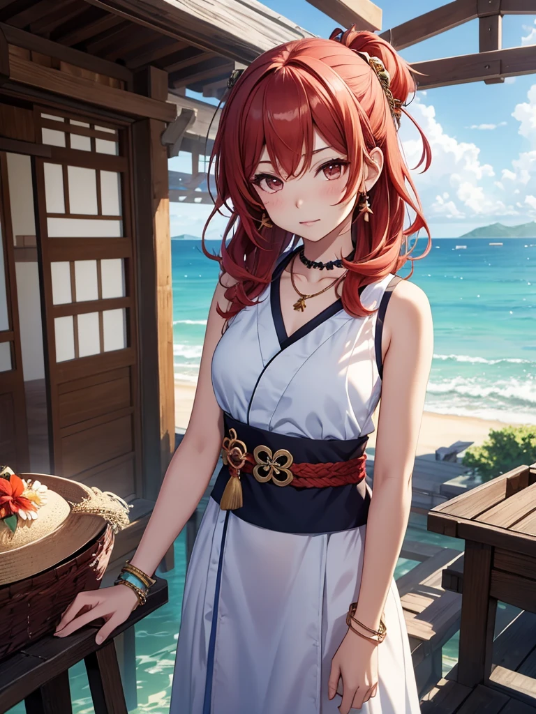 Nirou (Genshin Impact), Across the Sea, One girl, Background Blur, Mouth closed, Bare arms, accessories, Sleeveless, Bare shoulders, Redhead, bracelet, necklace, Cowboy Shot, Landscape