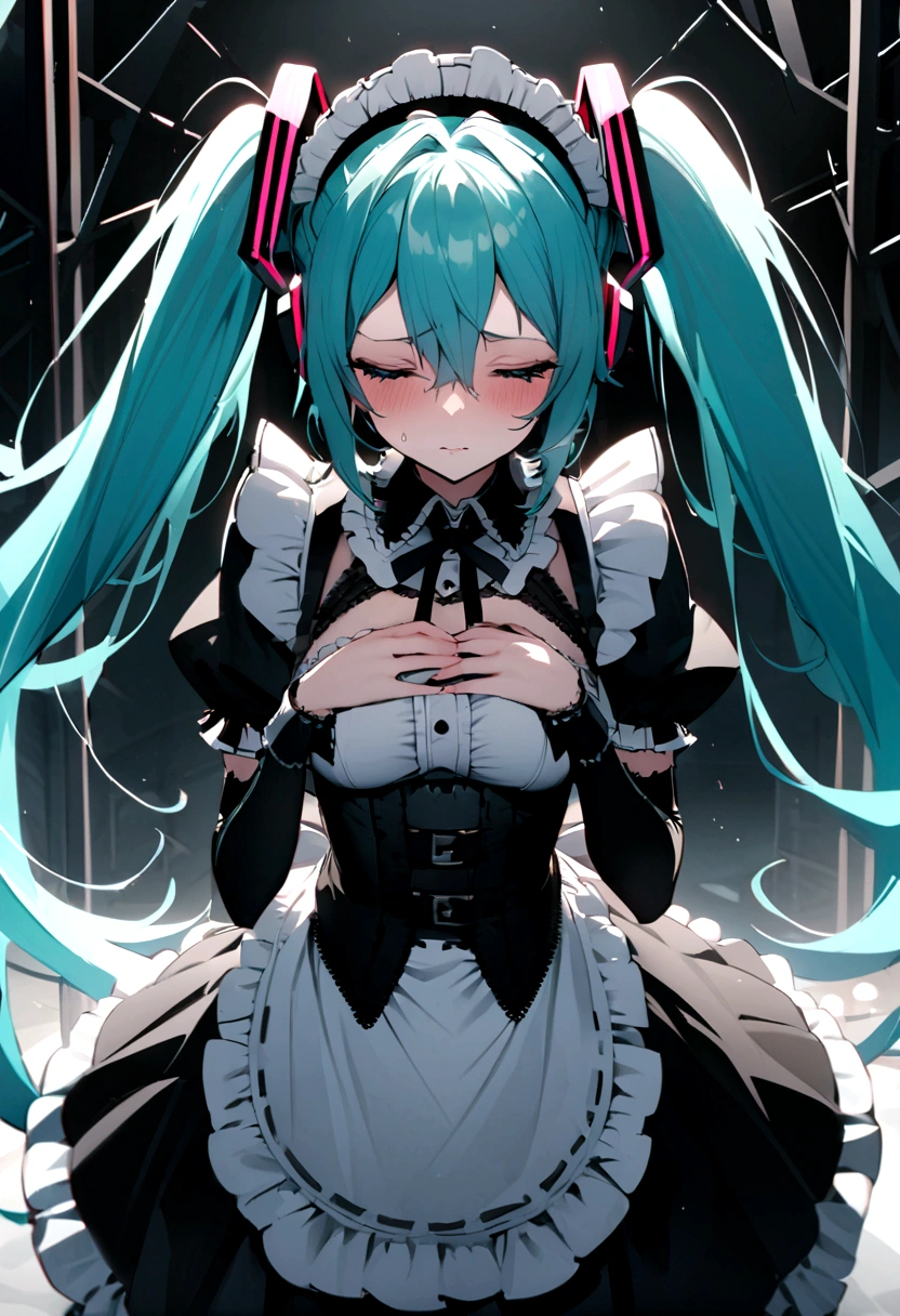 (((​masterpiece, hatsune miku, vocaloid, Super detailed、Digital Cage、Hands on chest、Sad、Gothic、Maid clothes、