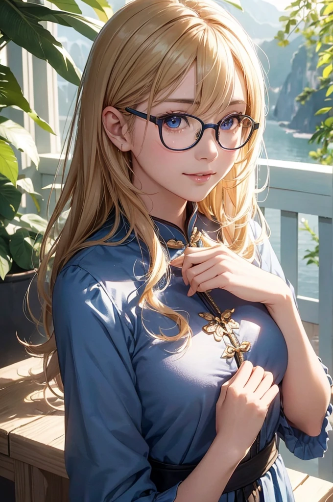 最high quality, high quality, High resolution, high quality texture, high quality shadows, High resolution, Beautiful details, Detailed CG, Detailed Texture, Realistic representation of face, Realistic, colorful, delicate, Cinematic Light, Side light, Lens flare, Ray Tracing, sharp concentrated, (1 Girl,concentrated:1.3), ( Intricate details, compensate, PureErosFaceV1:0.5), (細部まで美しいdelicateな顔, 緻密で美しいdelicateな瞳, Perfect Facial Proportions, Dense skin, Optimal ratio of four fingers to one thumb, Modest chest, Beautiful Hips, Smooth upper abdomen, blue eyes , glasses ,Ao Dai , Vietnam, Halong Bay ,buzzer, blue sky ,adventure journey ,the gaze of true love, lips of temptation, A look full of compassion ,a smile full of love, i love you, Acting lovey-dovey, waist up, 35 years old,house wife,air fortress hair, blonde hair