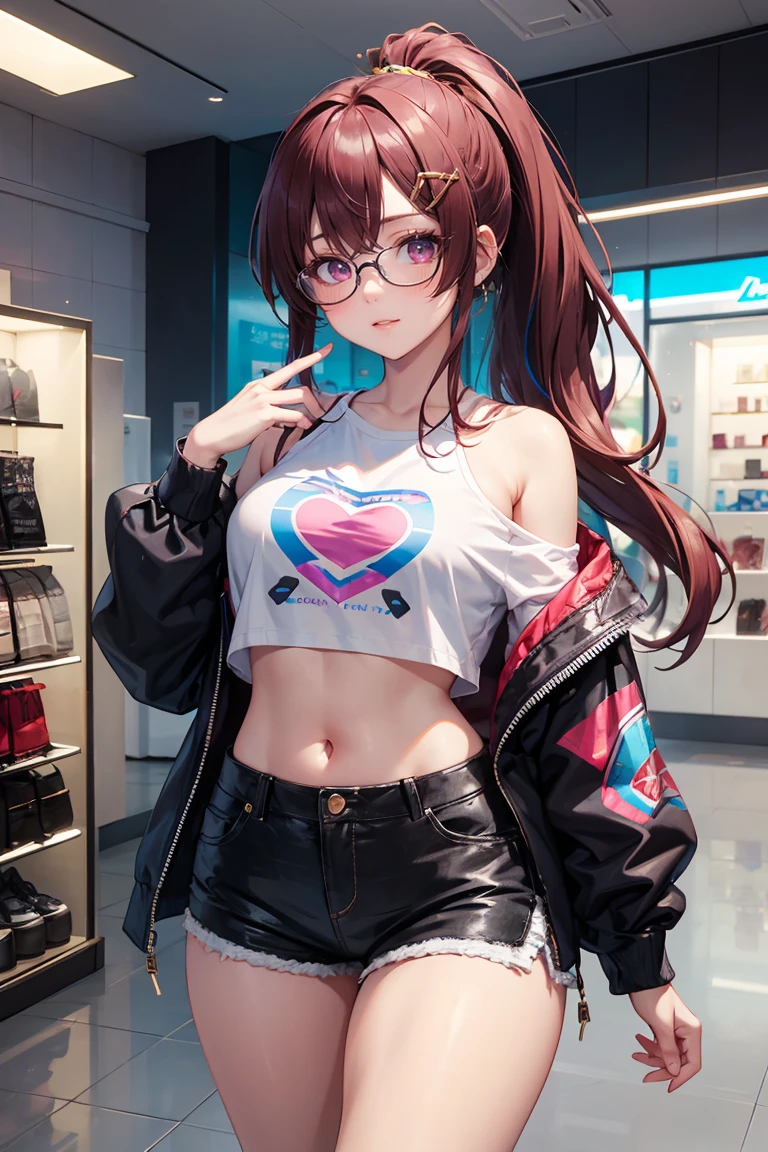 ((Masterpiece)), best quality, absurderes, ultra detailed, holographic, cowboy shot, golden ratio, super cute girl, mature girl, idol girl, super beautiful asian girl with very beautiful violet glowing eyes, glasses, beautiful glowing brown multicolored hair, high ponytail, nice and sexy body, slim body, perfect body, an anime printed super tight off shoulder long sleeve crop top, wearing super tight anime print shorts, a super aesthetic transparent mini jacket, beautiful hair ornament, sneakers, being photographed in a mall shop