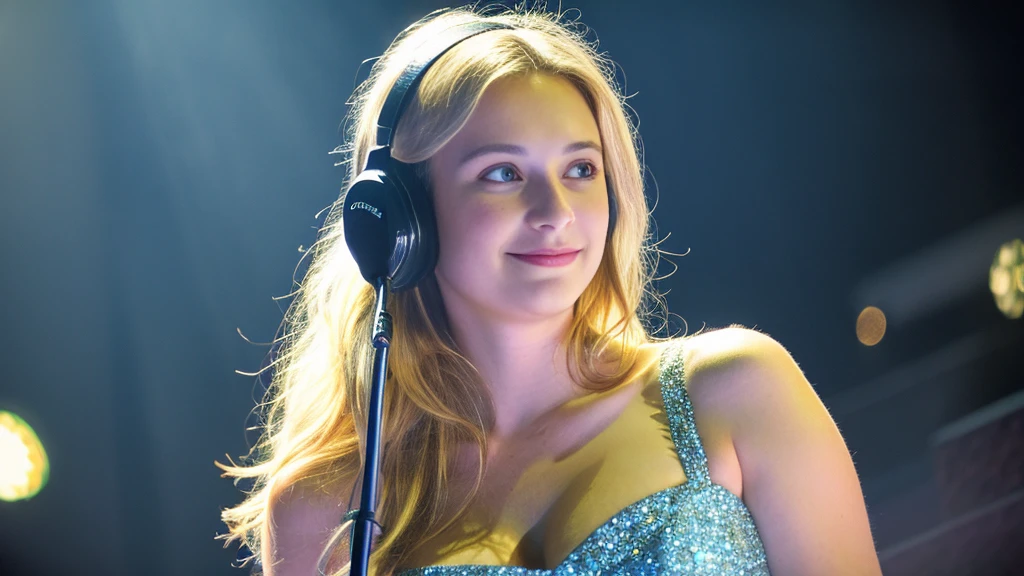 Beautiful blonde with big breasts in a dress (Singing under the spotlight on stage at a live venue),Wearing headphones,Very detailed, 21 years old, Innocent face, Naturally Wavy Hair, blue eyes, High resolution, masterpiece, Highest quality, Intricate details, Very detailed, Clear focus, Delicate skin, practical skin texture, texture, Delicate eyes, Professional, 4K, Cute Smile, Shot with Canon, 85mm, Shallow and deep, Kodak Vision Color, Exactly, Very detailed, photograph_\(Extremist\), photographpractical, practical, Post-processing, Maximum details, Roughness, Real Life, Extremist practical, Photorealism, photographgraphy, 8K Ultra HD, photographgraphy