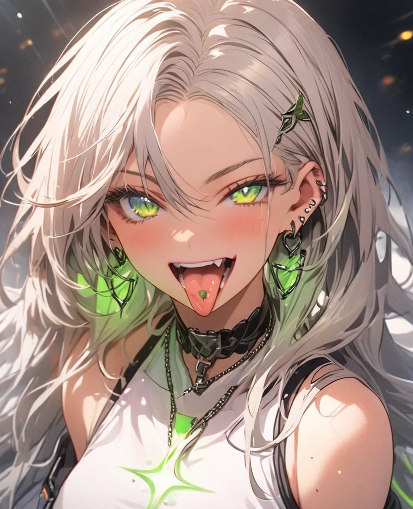 tongue，Gal，Earrings，green,Luminous tattoo,Silver Hair