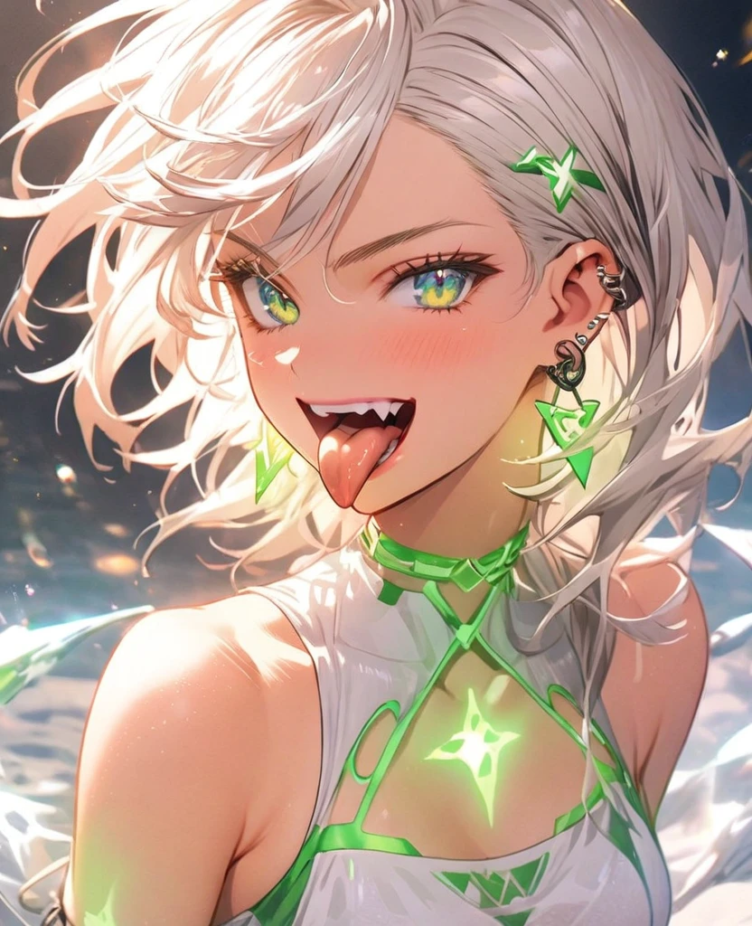 tongue,Gal,Earrings,green,Luminous tattoo,Silver Hair