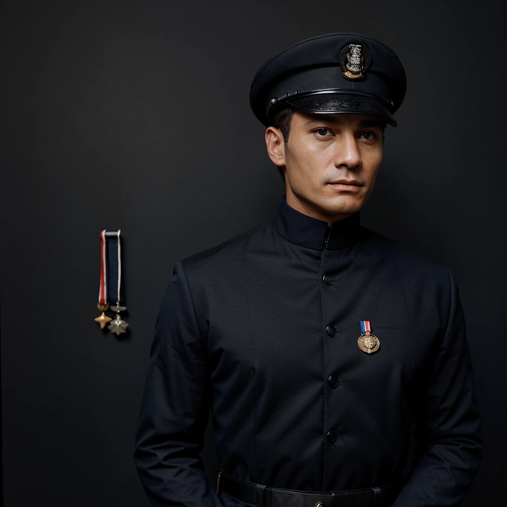 A faceless man, on his black admiral navy uniform, with black officer hat, as medals , great outfit