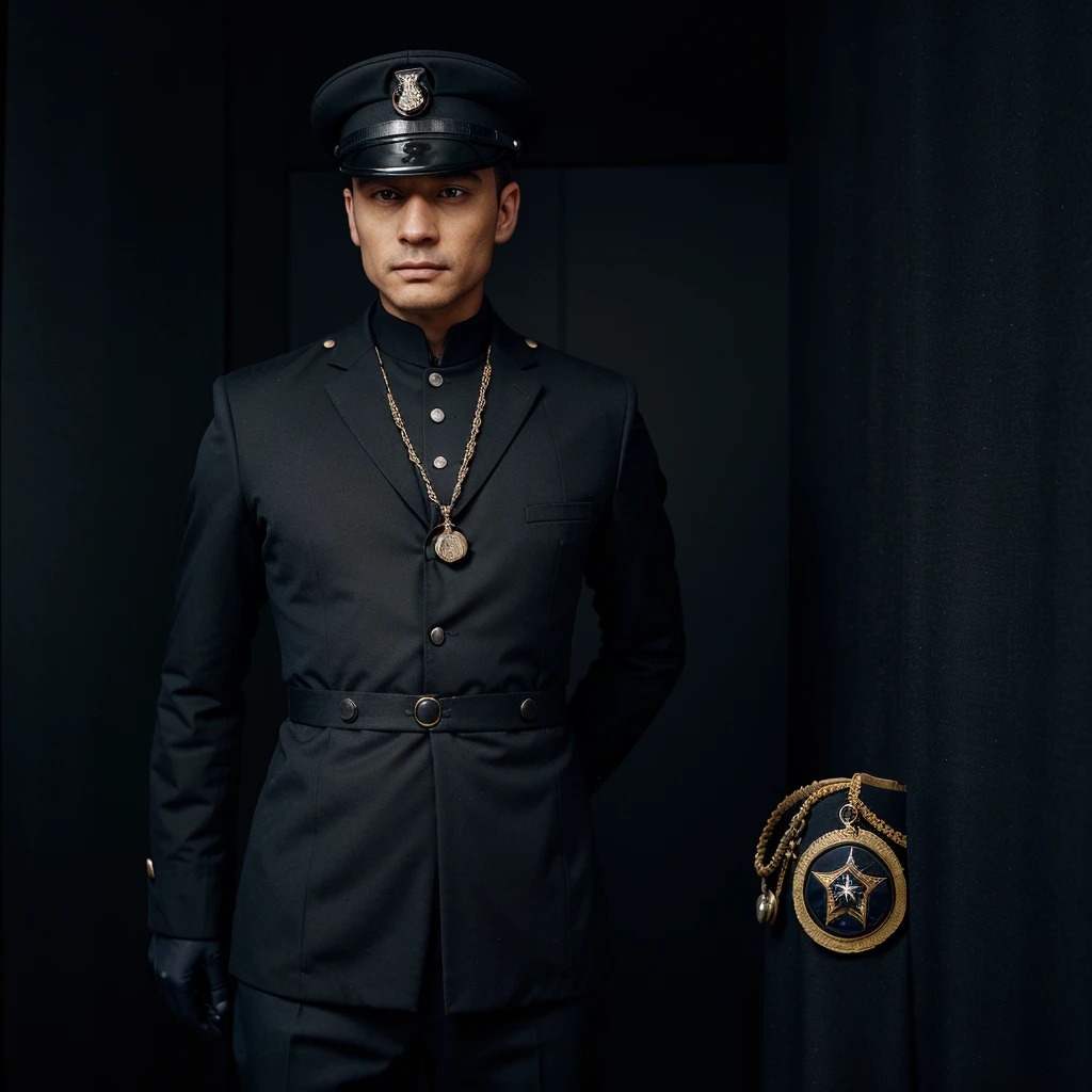 A faceless man, on his black admiral navy uniform, with black officer hat, as medals , great outfit
