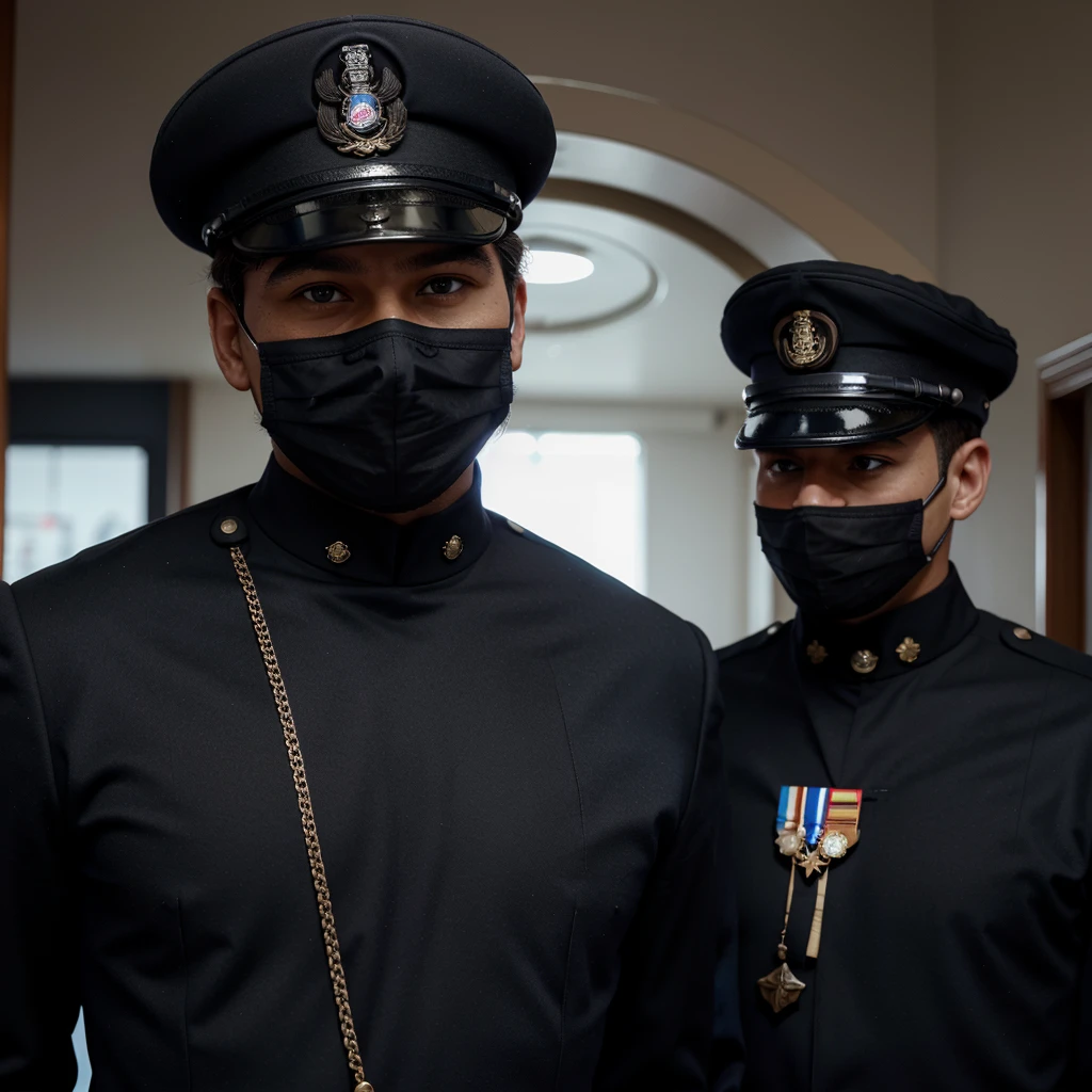A faceless man, on his black admiral navy uniform, with black officer hat, as medals , great outfit
