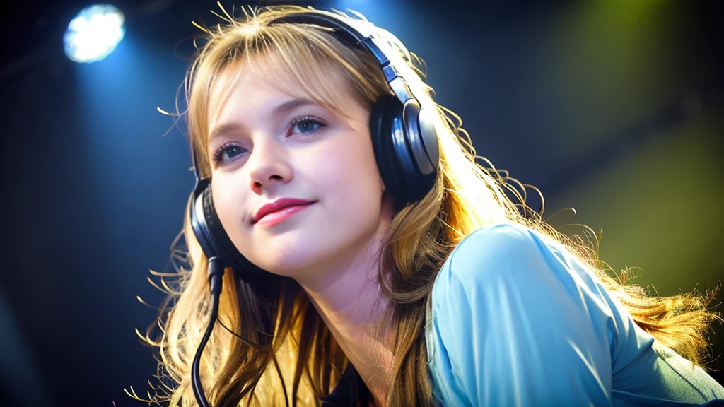 Beautiful blonde with big breasts in a dress (1Singing under the spotlight on stage at a live venue with tens of thousands of people watching),Wearing headphones,Very detailed, 21 years old, Innocent face, Naturally Wavy Hair, blue eyes, High resolution, masterpiece, Highest quality, Intricate details, Very detailed, Clear focus, Delicate skin, practical skin texture, texture, Delicate eyes, Professional, 4K, Cute Smile, Shot with Canon, 85mm, Shallow and deep, Kodak Vision Color, Exactly, Very detailed, photograph_\(Extremist\), photographpractical, practical, Post-processing, Maximum details, Roughness, Real Life, Extremist practical, Photorealism, photographgraphy, 8K Ultra HD, photographgraphy