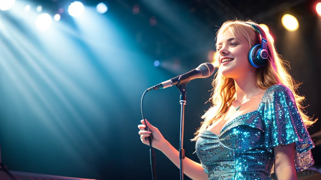 Beautiful blonde with big breasts in a dress (1Singing under the spotlight on stage at a live venue with tens of thousands of people watching),Wearing headphones,Very detailed, 21 years old, Innocent face, Naturally Wavy Hair, blue eyes, High resolution, masterpiece, Highest quality, Intricate details, Very detailed, Clear focus, Delicate skin, practical skin texture, texture, Delicate eyes, Professional, 4K, Cute Smile, Shot with Canon, 85mm, Shallow and deep, Kodak Vision Color, Exactly, Very detailed, photograph_\(Extremist\), photographpractical, practical, Post-processing, Maximum details, Roughness, Real Life, Extremist practical, Photorealism, photographgraphy, 8K Ultra HD, photographgraphy
