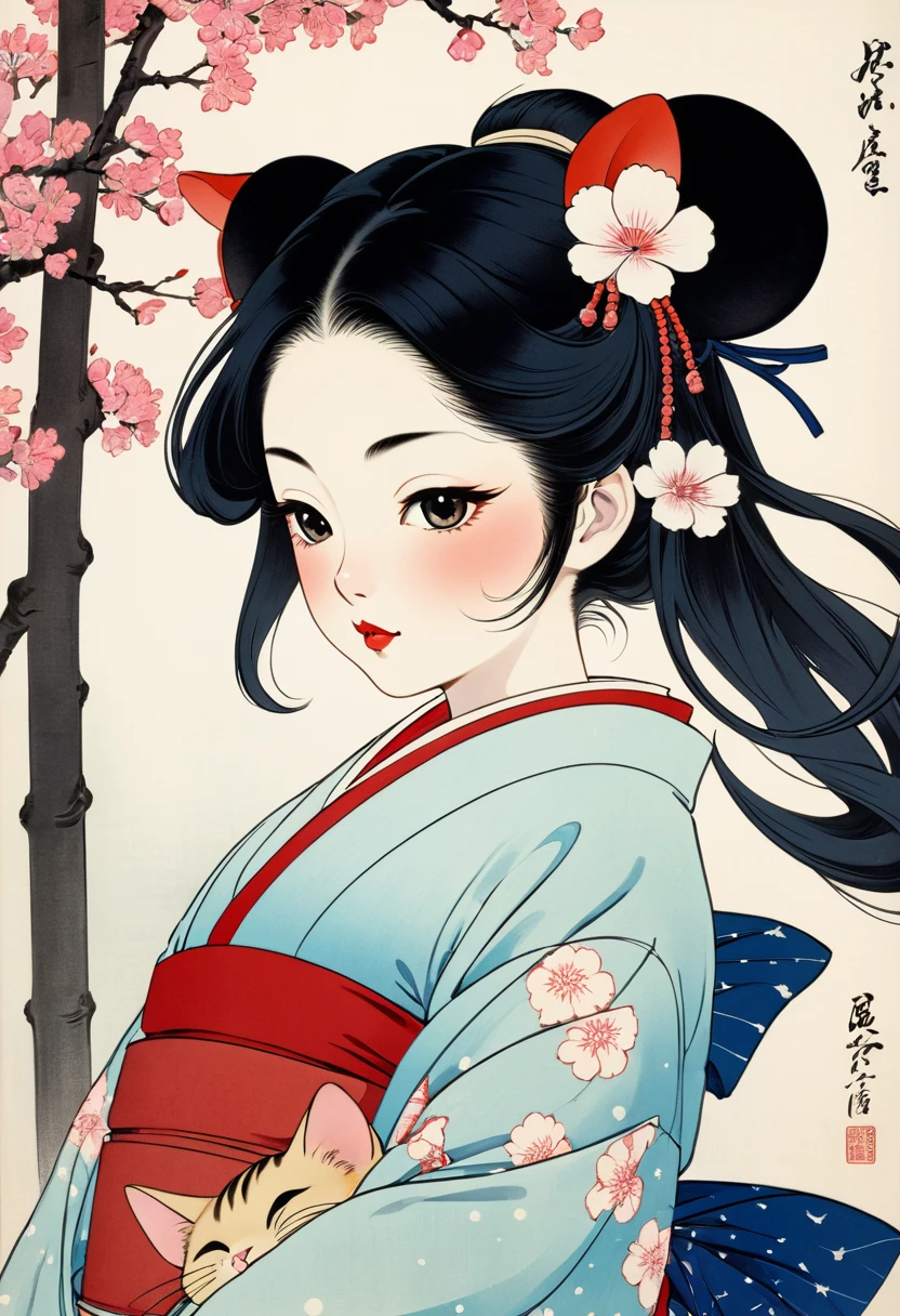 (Ito Shinsui style:1.2) , Hallucination, daydream , nightmare , Insane Dream , bokeh , erotica , romance , realistic mouse nymph and realistic cat , Hakama and boots , Petals fluttering down , Single eyelids, round nose, swollen cheeks , glossy lips , Collarbone , Hair blowing in the wind , Meiji period