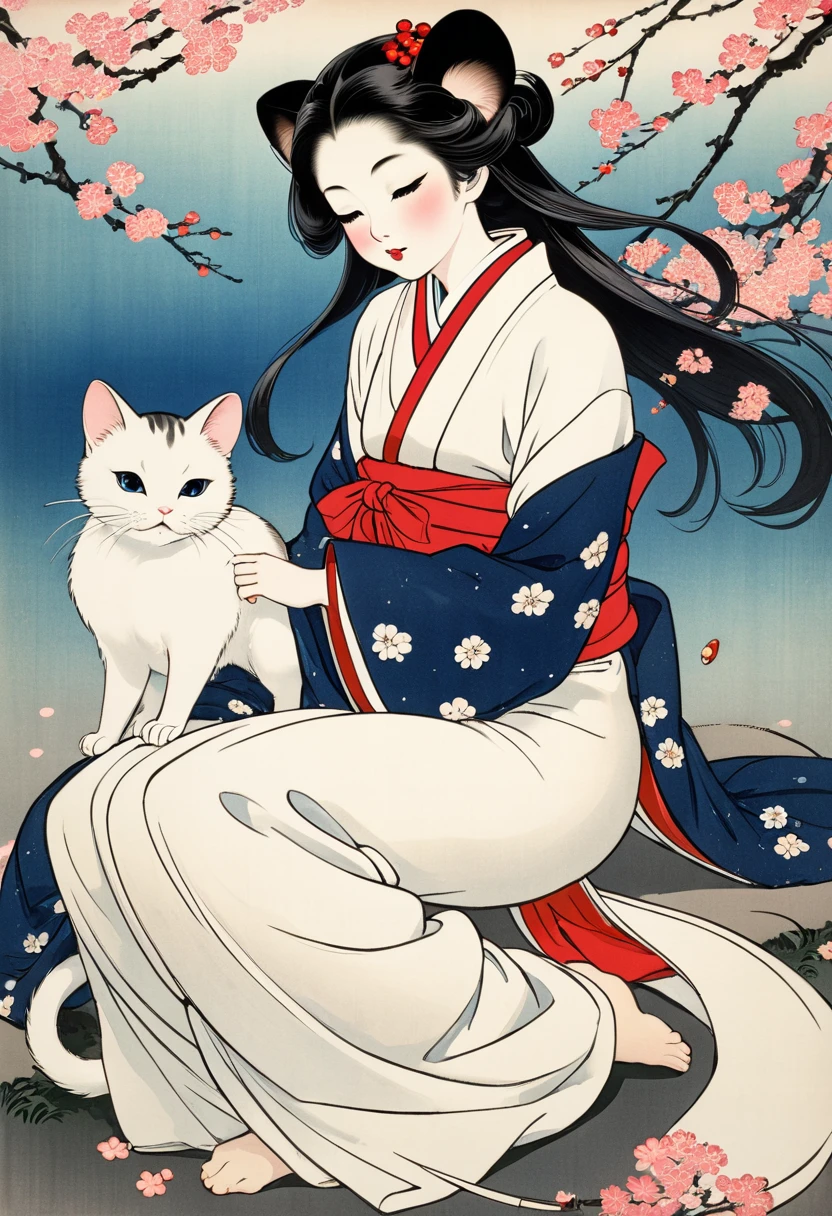 (Ito Shinsui style:1.2) , Hallucination, daydream , nightmare , Insane Dream , bokeh , erotica , romance , realistic mouse nymph and realistic cat , Hakama and boots , Petals fluttering down , Single eyelids, round nose, swollen cheeks , glossy lips , Collarbone , Hair blowing in the wind , Meiji period
