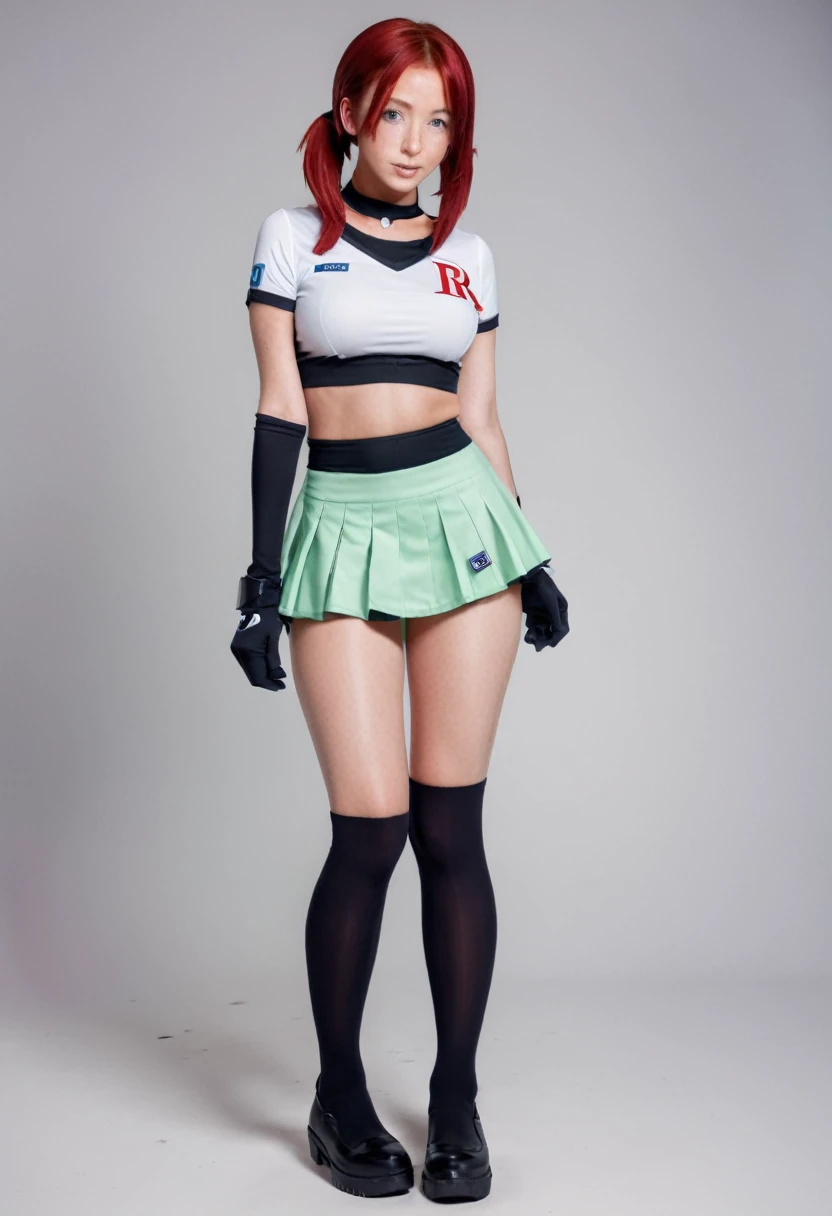 high quality instagram photo, full body of a Scandinavian girl, 20 years old, red hair, sexy, short height, green eyes, freckles, cute face, large breasts, wearing sexy Team Rocket,rocket team uniform,white skirt,red letter R,short top,black thigh high stockings,black elbow length gloves,