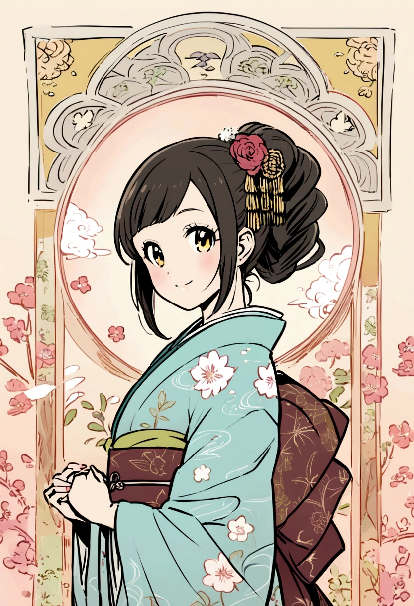Chihiro Iwasaki style,Smiling girl wearing a kimono,The four seasons in the background,Soft colors