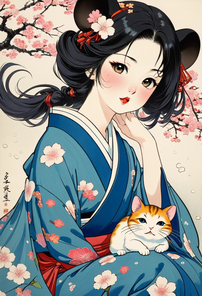 (Ito Shinsui style:1.2) , Hallucination, daydream , nightmare , Insane Dream , bokeh , erotica , romance , realistic mouse nymph and realistic cat , Hakama and boots , Petals fluttering down , Single eyelids, round nose, swollen cheeks , glossy lips , Collarbone , Hair blowing in the wind , Meiji period